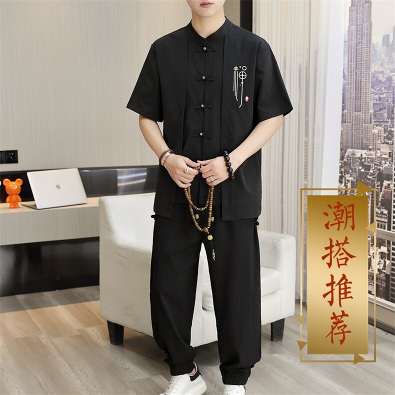 风男士盘扣开衫短袖假两件衬衫套装中年唐装短袖衬衫T恤,男装民族服装,钱塘723