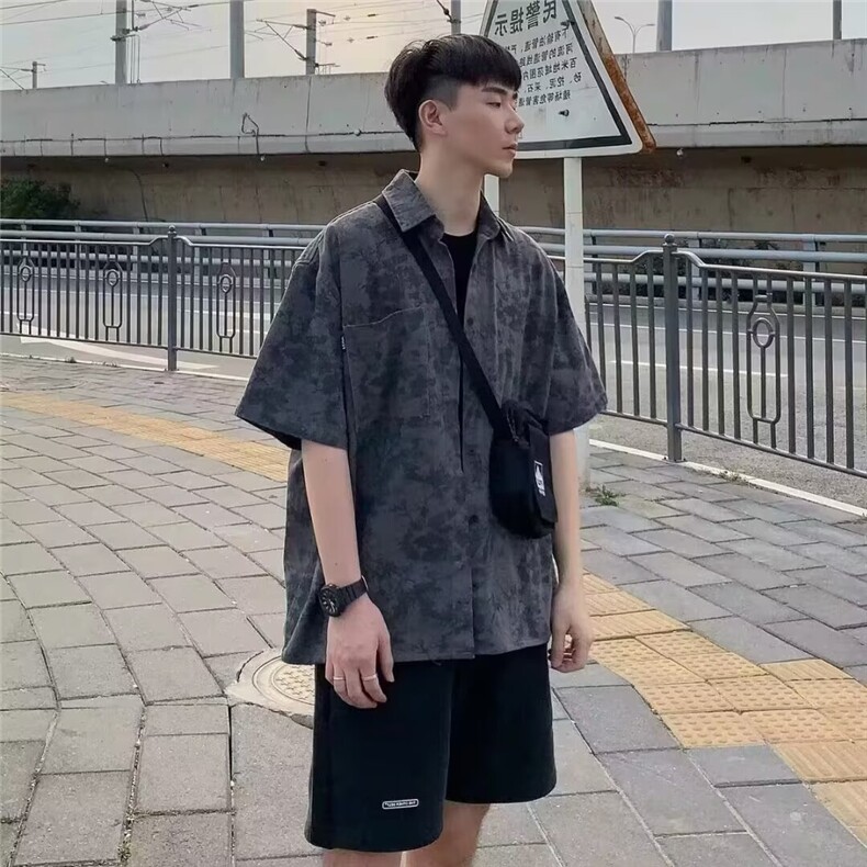269-P26扎染衬衫男2023韩版潮流宽松ins夏季新款短袖,男装T恤,电商B323A