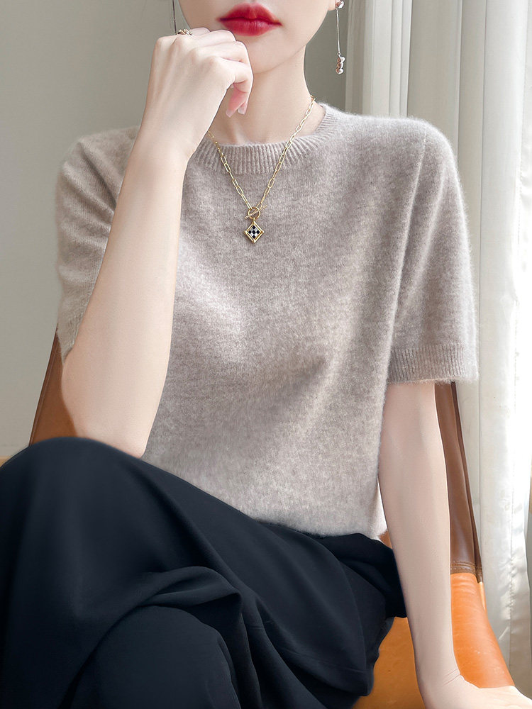 圆领短袖针织女纯色短袖简约百搭宽松套头上衣,针织衫/毛衣,戎洋