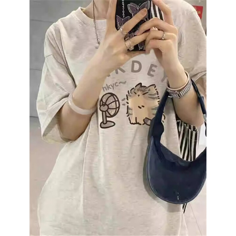T0666-P25 春夏小众美式短袖 小猫印花纯棉T恤学院风学生宽松上衣图片