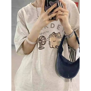 T0666-P25 春夏小众美式短袖 小猫印花纯棉T恤学院风学生宽松上衣图片