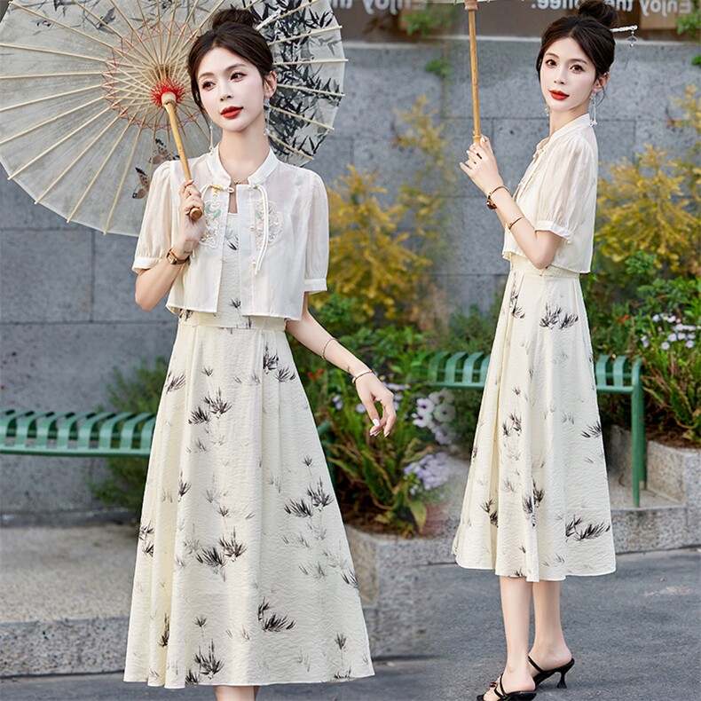 国风印花连衣裙女装夏季新款气质新中式改良旗袍吊带裙，女装连衣裙，涵亦佰惠