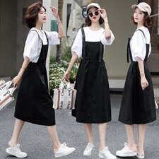 日系背带裙女夏季二件套装2021新款薄款减龄洋气中长款吊带连衣裙，女装连衣裙，辉之琳