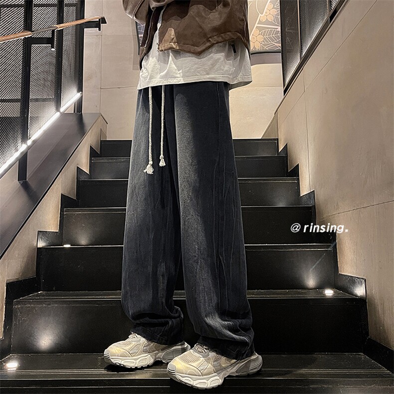 wassup happy渐变牛仔裤子男秋季潮流阔腿直筒裤青少年休闲运动裤图片