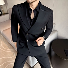 厚款双排扣条纹拼皮西装两件套男士商务休闲西服套装LJT931-P230，男装西服套装，电商A213