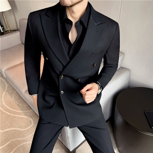 厚款双排扣条纹拼皮西装两件套男士商务休闲西服套装LJT931-P230