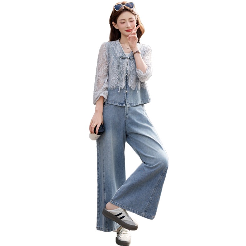 蕾丝拼接牛仔套装女春秋季新款洋气减龄阔腿裤两件套气质,女装套装/套裙,欣品汇