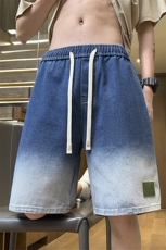 蓝灰渐变松紧裤腰系带抽绳短裤情侣同款运动百搭牛仔裤D15#-P38，男装牛仔裤，电商A178