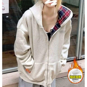 480G重磅加绒硬挺boxy男女秋冬美式高街假两件格子卫衣开衫厚外套图片