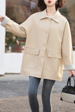 装饰扣简约中长款风衣2024春季新款经典条纹卷袖外套韩系西装领女，女装皮衣，美拉德工厂直营店