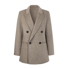 2025年秋季长袖直筒型通勤纯色双排扣中长款羊毛外套，女装双面呢大衣，蓝雨羊绒