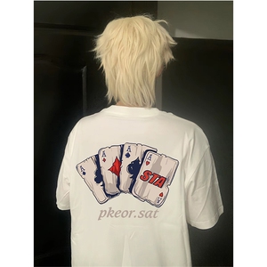 抖音得物供货210克现货宽松纯棉美式潮牌印花落肩袖纯棉T恤AT2159图片