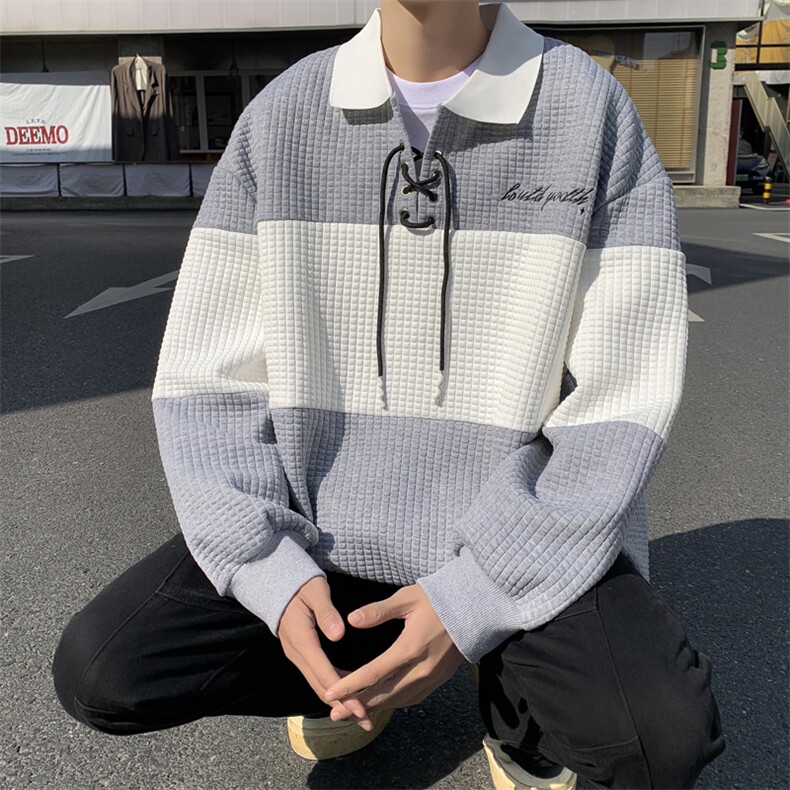 2023春秋季翻领卫衣男宽松拼接美式ins休闲青年上衣服W0041-P38图片