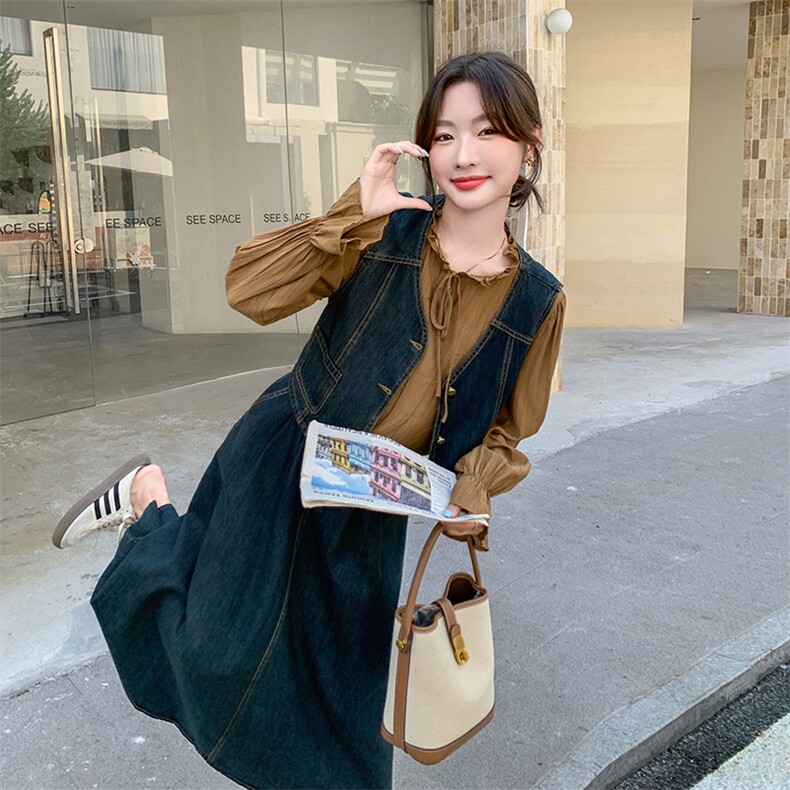 复古衬衫牛仔马甲三件套春秋女2026春新宽松设计感半身裙时尚套装,女装套装/套裙,印象茜