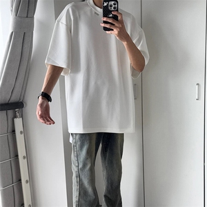 抖音得物品质二开240克宽松纯棉美式高街痞帅潮牌金属装饰短袖T恤图片
