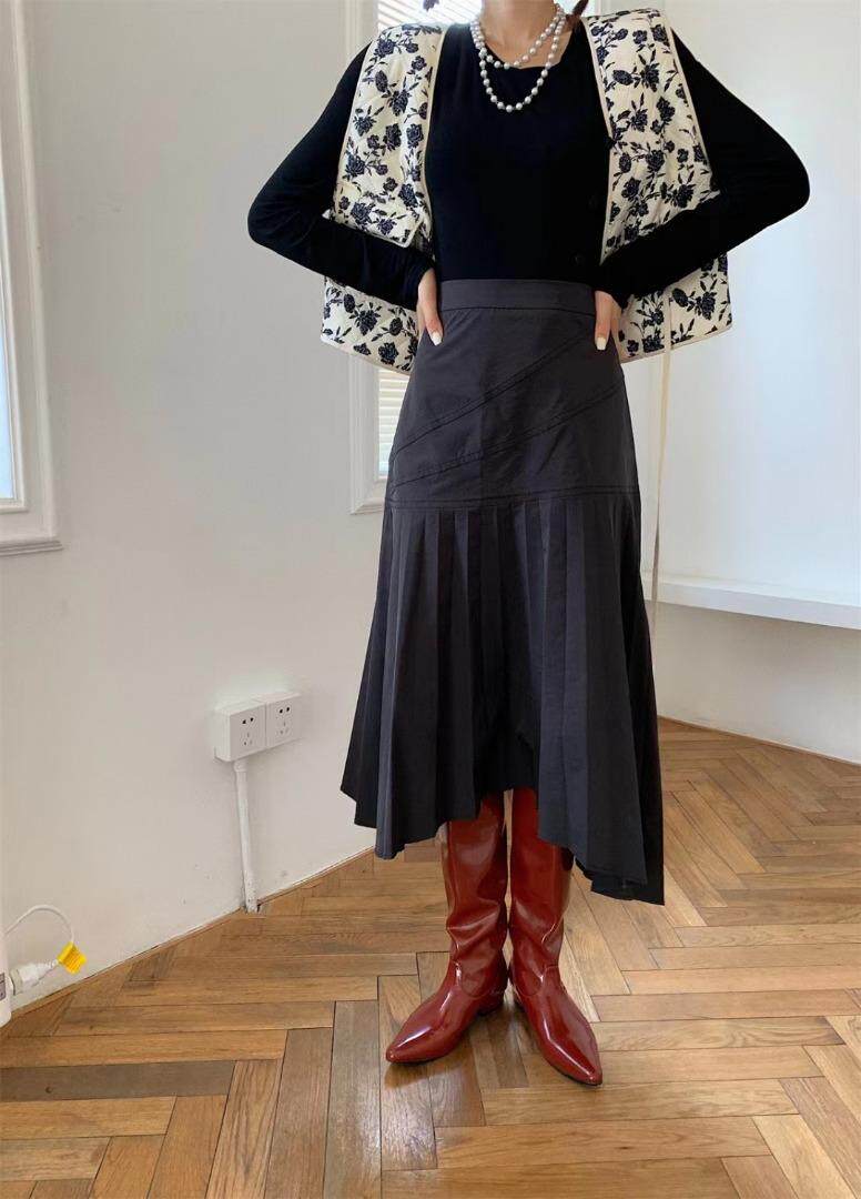 秋季新品，定制压褶，不规则设计半裙，女装半身裙，缈希