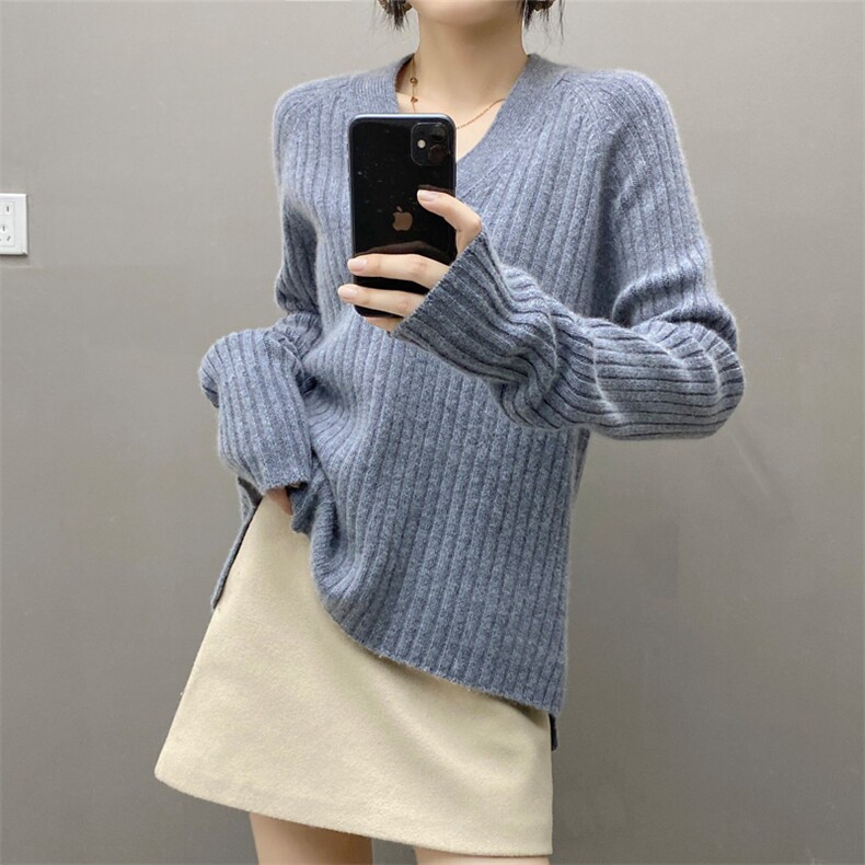 24新品5针3股前短后长V领山羊绒加厚保暖羊绒衫宽松时尚,女装羊绒衫,织绒羊