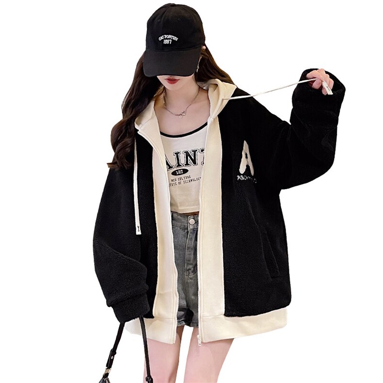 CC080-P130加厚羊羔毛外套女2025秋冬新款宽松百搭拼色假两件连帽,男装棉衣,星座911-3