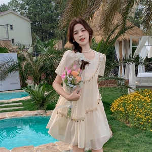 法式泡泡袖连衣裙女2025夏季新款小个子超好看独特漂亮拼接长裙子图片