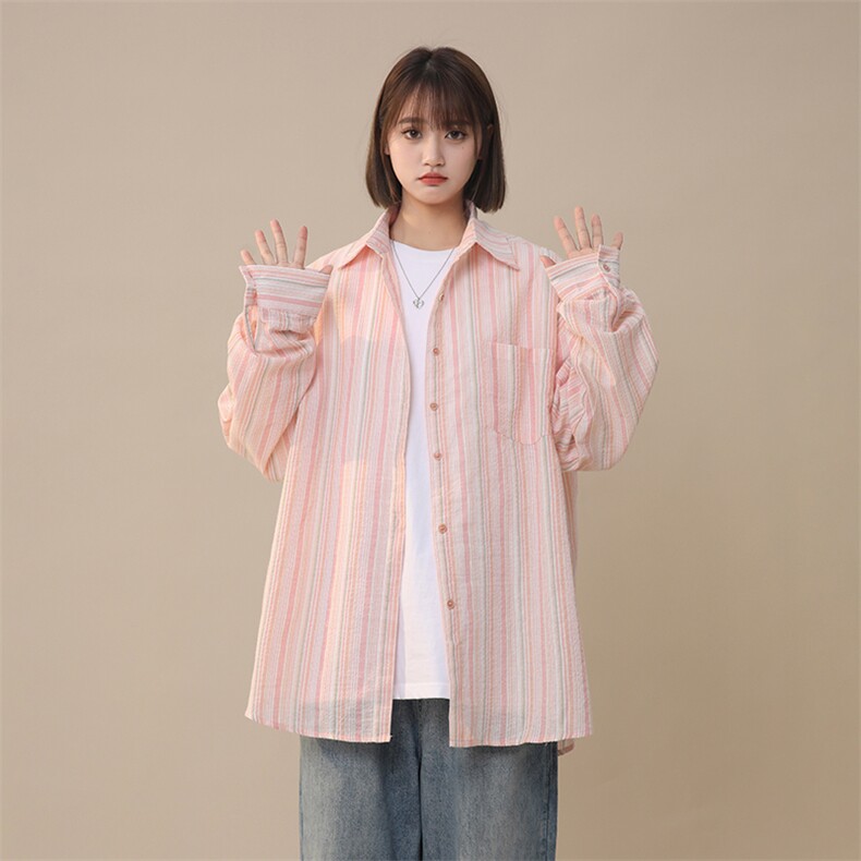 防晒长袖衬衫女夏季轻薄空调开衫条纹慵懒风XZ225-3-CS09-P45控65图片