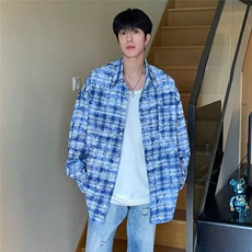 美式街头秋冬扎染水洗格子衬衫外套男高级宽松外搭设计感长袖外套，男装衬衫，星座506A
