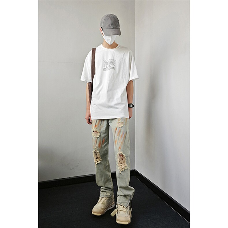 B221美式ins高街暗黑小众拉链喷墨破洞牛仔裤LK23085-P65控88,男装牛仔裤,电商B221