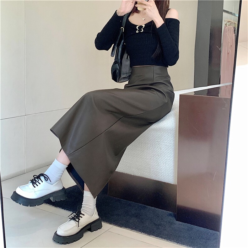 皮裙半身裙女秋冬季2024新款中长款直筒包臀裙咖色一步包裙子,女装半身裙,梦白服饰厂
