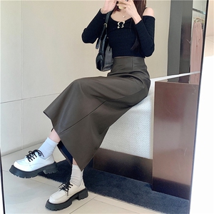 皮裙半身裙女秋冬季2024新款中长款直筒包臀裙咖色一步包裙子图片
