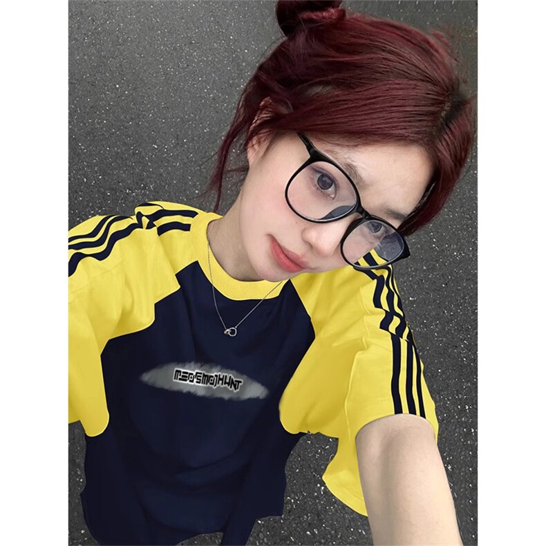 夏季美式高街重磅纯棉三条杠织带插肩撞色男女短袖T恤CZ171-特P25图片
