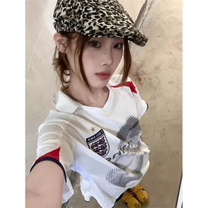 美式复古运动t恤男女夏季新款撞色拼接球衣风v领短袖TA56-P35图片
