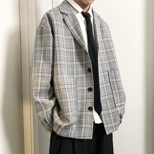 春季网红宽松小西装外套男韩版潮流ins格子休闲西服 A071-X02-P80图片