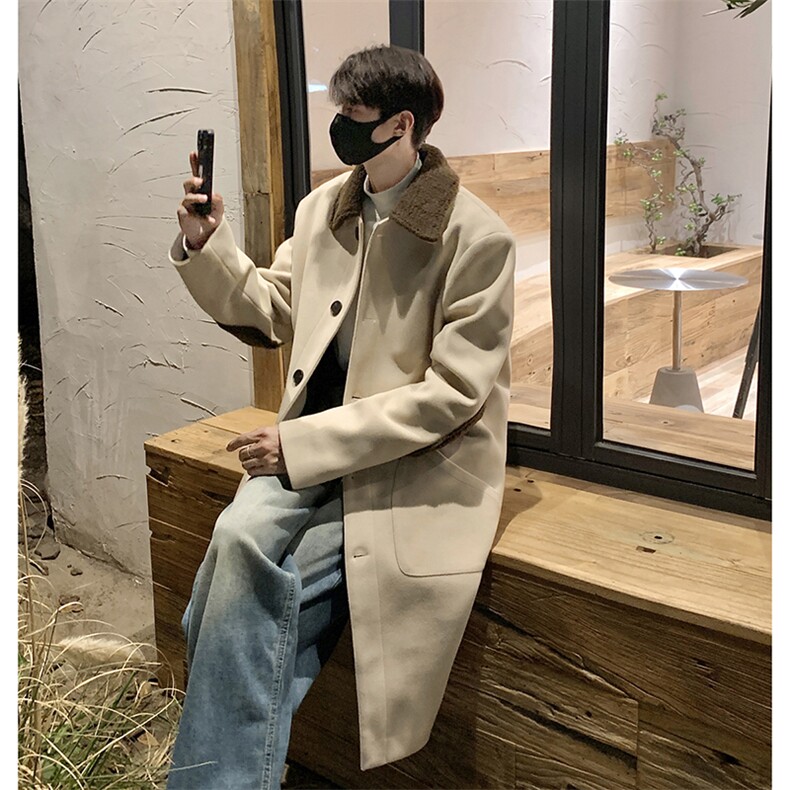 517A-8-Y63-P135现货韩系中长款羊羔毛翻领毛呢大衣风衣外套,男装风衣,星座517A-8（原B282）