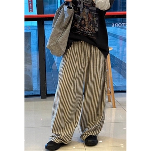 复古慵懒松弛竖条纹拖地裤男港风休闲宽松百搭直筒阔腿裤 KXR8015图片