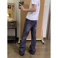 闪电裂纹复古做旧牛仔裤男春秋季高街潮牌宽松直筒裤美式微喇裤子，男装牛仔裤，四季星座505