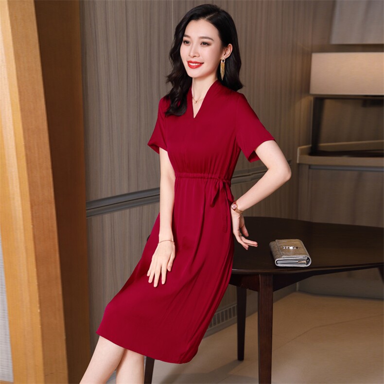 红色重磅真丝连衣裙女夏2025新款收腰显瘦高端缎面中长桑蚕丝裙子，女装连衣裙，阿舍尔精品