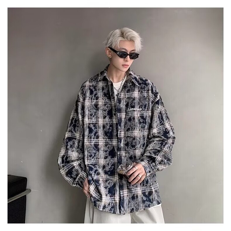 美式格子长袖衬衫男秋季扎染刺绣潮牌衬衣高街学院风外套CSX19图片