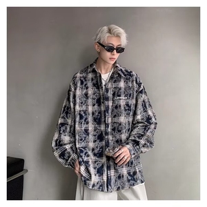 美式格子长袖衬衫男秋季扎染刺绣潮牌衬衣高街学院风外套CSX19图片