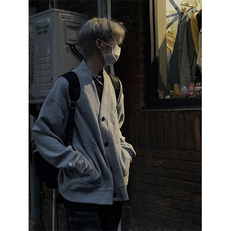 cleanfit美式复古灰色华夫格开衫卫衣男春秋美式V领重磅长袖外套,女装短外套,星座813-2