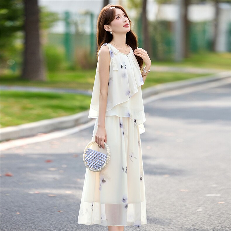DLM8661白色花朵印花套装女夏无袖上衣半身裙两件套,女装套装/套裙,朵莱米