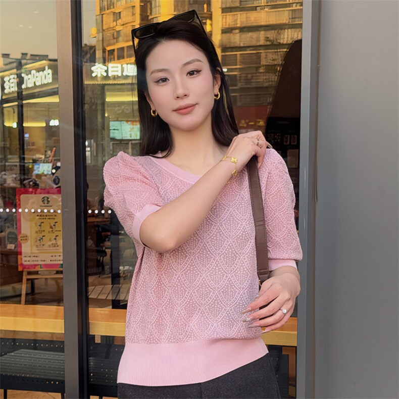 2025年秋季纯色日常常规不连帽修身型圆领短袖,女装T恤,新胜羊绒