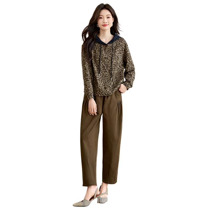 中年妈妈休闲洋气减龄套装女春款时尚穿搭豹纹连帽小衫宽松两件套,女装套装/套裙,涵誉