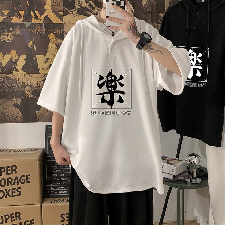 LD54197-P45 连帽短袖t恤男大码胖子带帽五分袖中袖 海报风图片