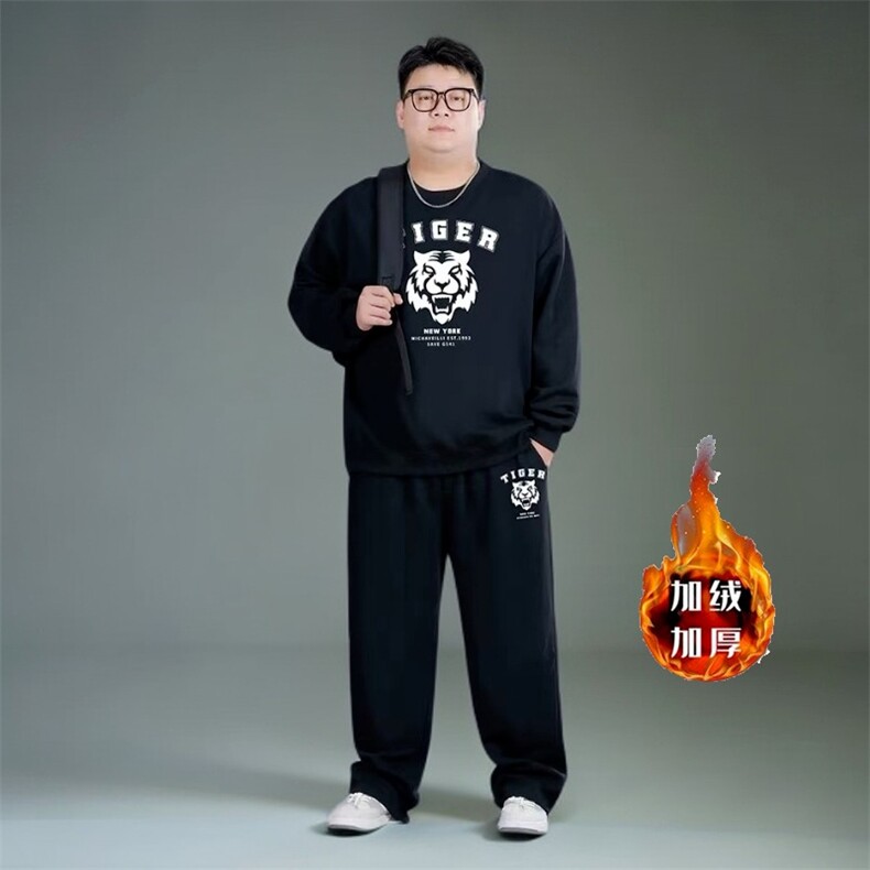 新款加绒男士休闲运动套装男潮胖子卫衣宽松长裤套装加肥加大图片
