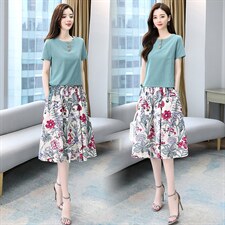 棉麻连衣裙女夏2025新款小个子妈妈洋气时尚腰裙半身裙套装两件套，女装套装/套裙，牡丹诺