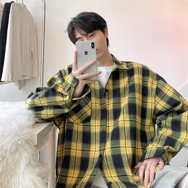 衬衫男秋季新款港风宽松大码磨毛格子长袖衬衣CS6638-特P29,男装衬衫,星座214-3