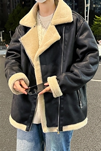 翻领皮衣加绒加厚男女冬季宽松休闲外套D012-P125图片