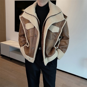 冬季新款美式机车美拉德复古皮毛一体夹克棉服保暖外套 M137-P165图片