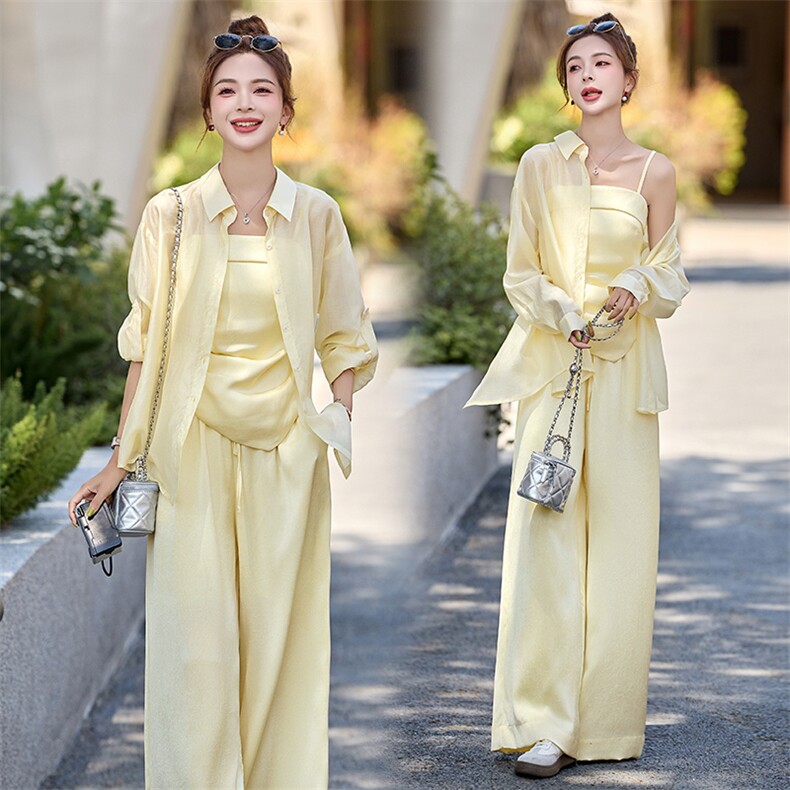 小香风时尚套装女2026新款洋气减龄夏季防晒衬衫吊带阔腿裤三件套，女装套装/套裙，衣之秀
