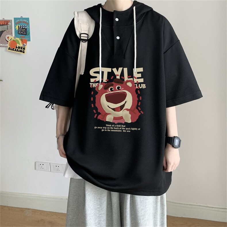 夏季港风冰丝宽松连帽短袖t恤五分体恤上衣TLM233-P40控58,男装T恤,电商B370