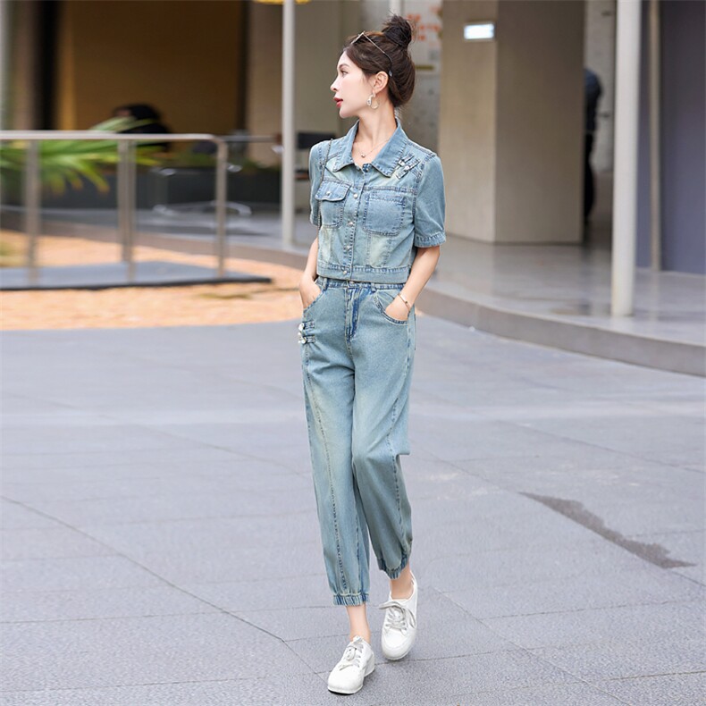 短袖牛仔套装女潮今年流行2025新款夏时尚洋气减龄时髦复古两件套,女装套装/套裙,意芙